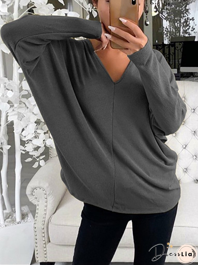 Women's T-Shirts Simple V-Neck Off-Shoulder Long Sleeve T-Shirt