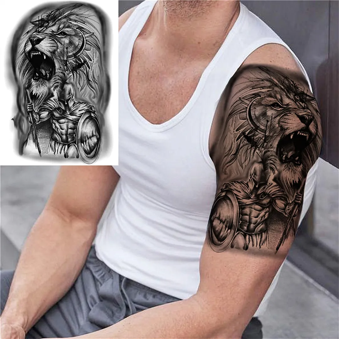 3D Lion Tiger Temporary Tattoos For Men Women Adult Black Wolf Tattoo Sticker Realistic Fake Bear Mountain Disposable Tatoo Body