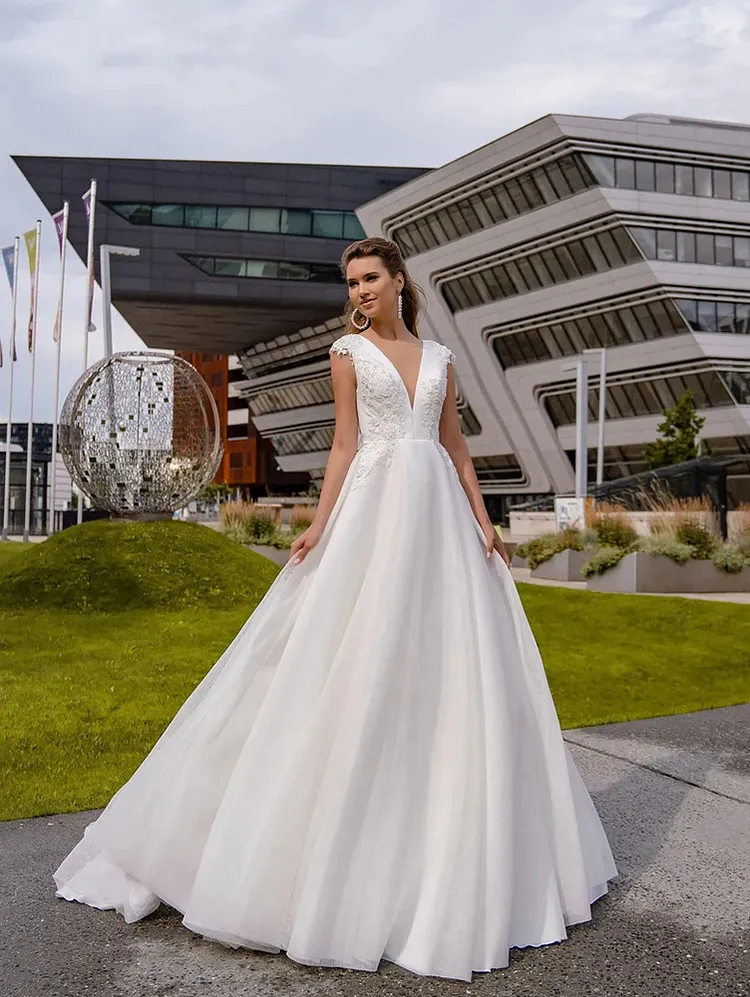 V Neck A Line Wedding Dress Applique Satin Back Zipper Bridal Gowns