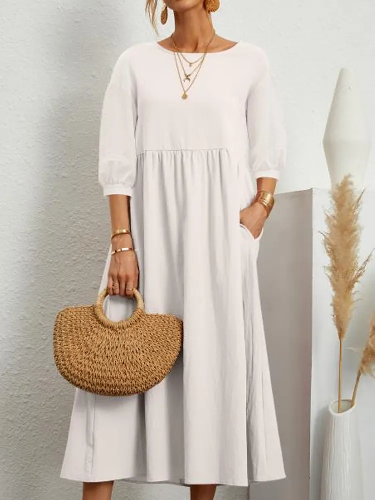 Solid Color Lantern Sleeve Pocket Midi Dress