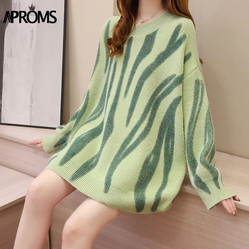 Aproms Korean Fashion Khaki Stripes Print Loose Sweaters Women Winter Hip-Pop Oversized Long Pullovers Streetwear Outerwear 2021