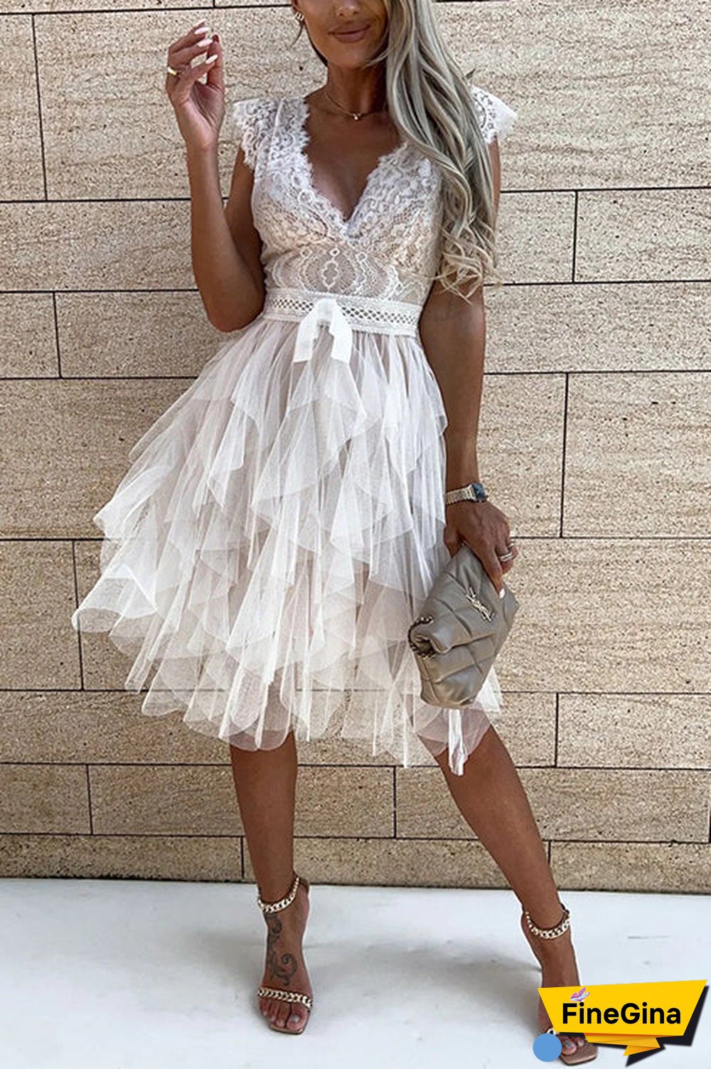 Lace Mesh V Neck Tank Cake Dress