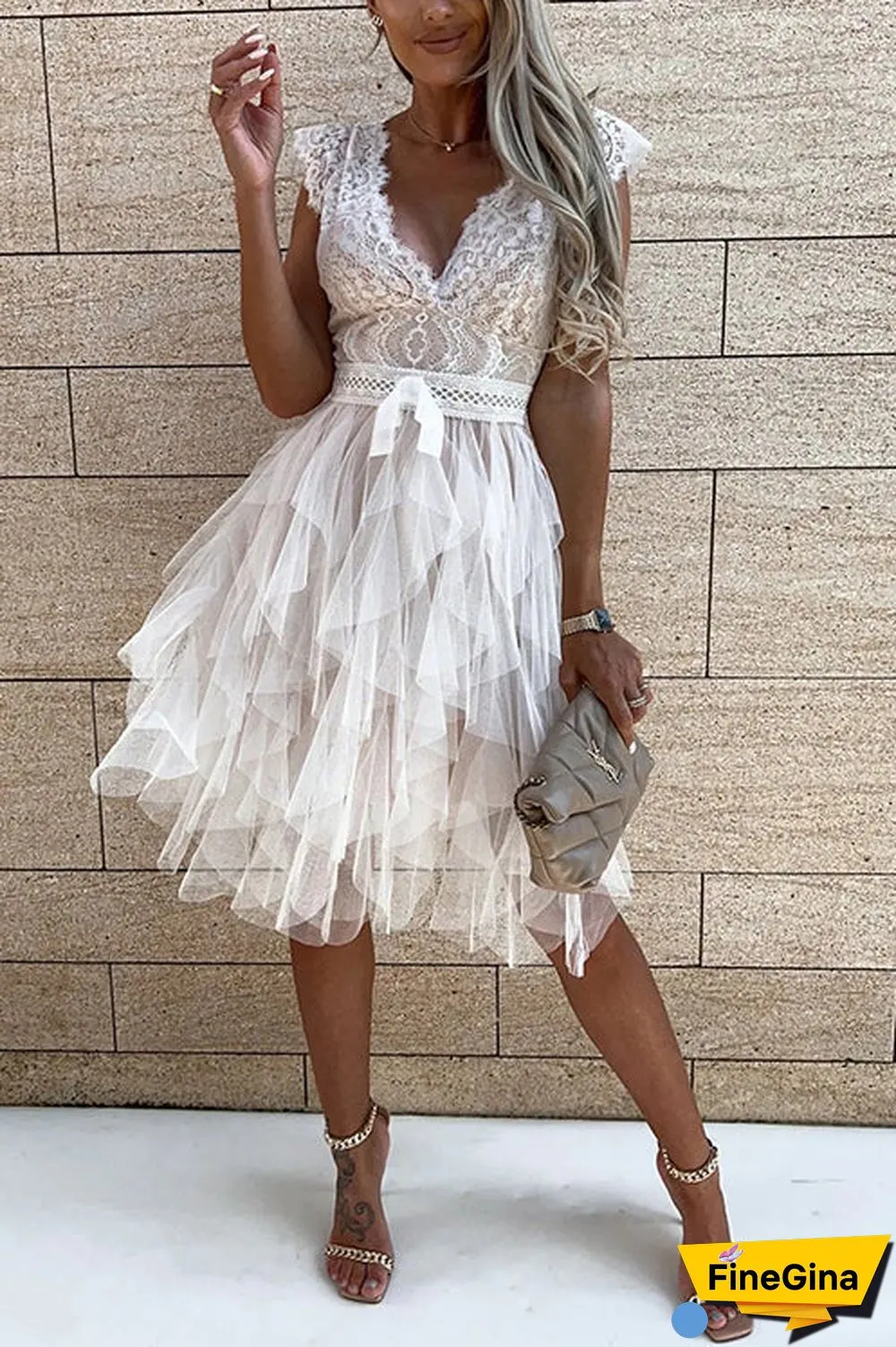 Lace Mesh V Neck Tank Cake Dress