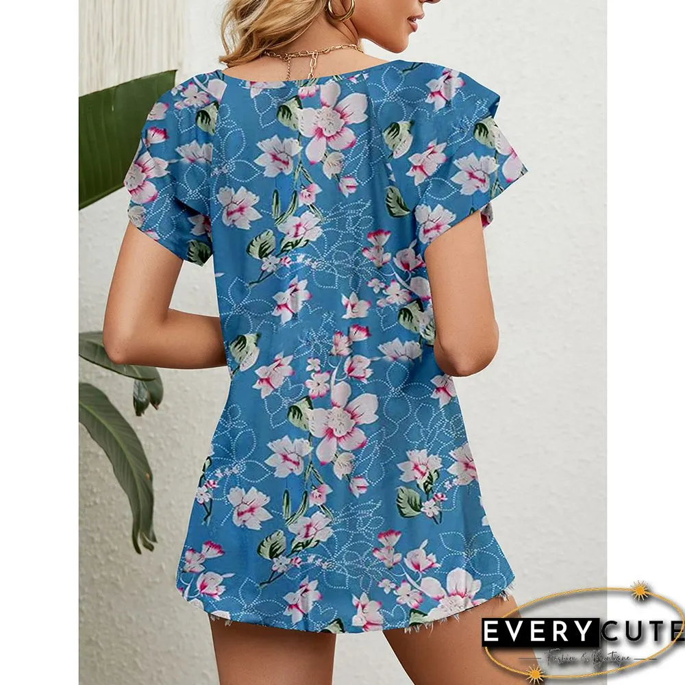 Light Blue Floral Print V Neck Ruffle Sleeve Tops
