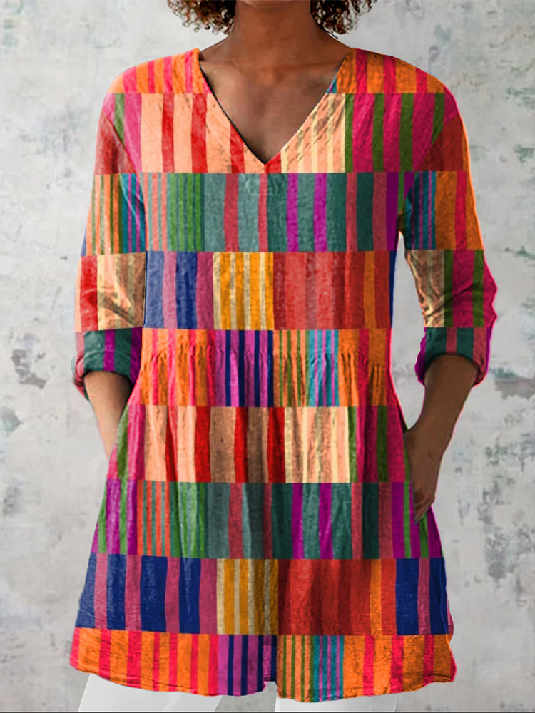 Womens Modern Art Structural Geometric Pattern Casual Linen V-Neck Shirt