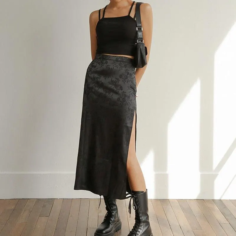 Brownm Floral Side Slit Midi Skirt