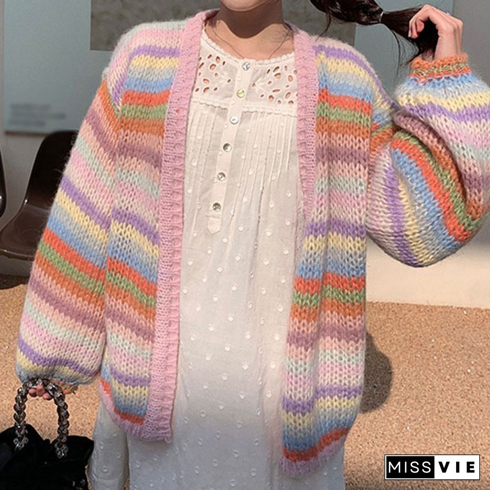 Colorblock Stripe Rainbow Knit Cardigan Sweater