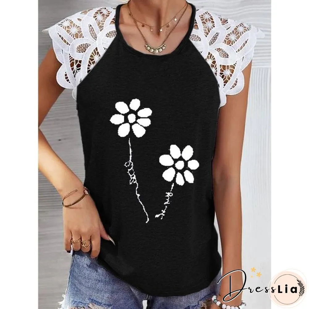Lace Hollow Sleeve Printed T-Shirt