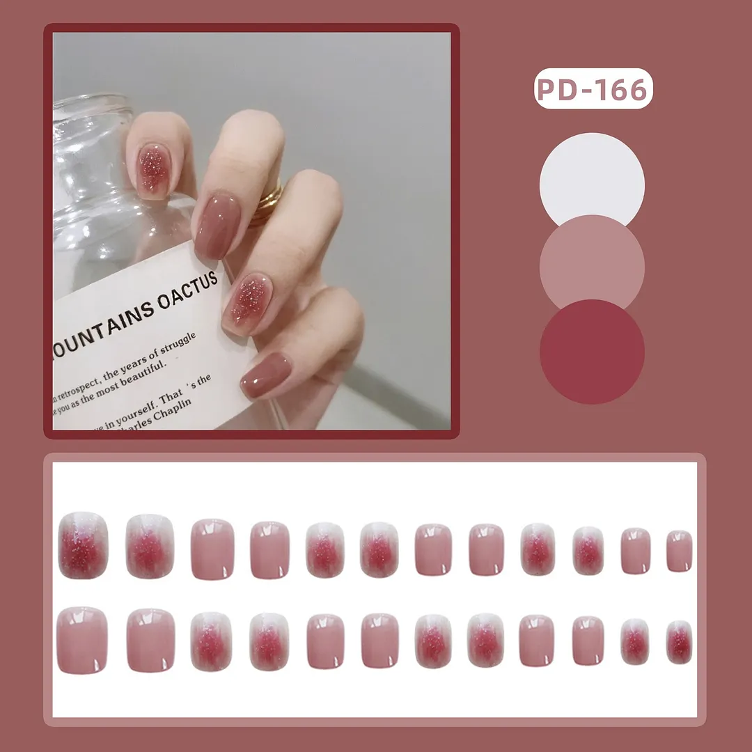 24Pcs Coffee Color With Grids Heart Designs False Nail Full Cover Fake Nails with Glue Detachable Wearable Manicure Nail Tips-Nail Inspo