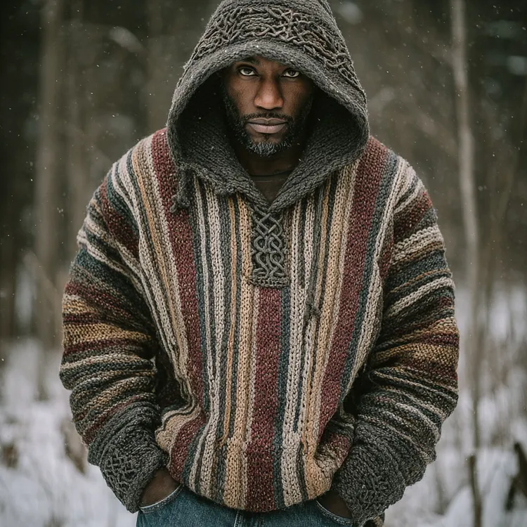 Men's Retro Colorful Striped Celtic Art Knit Hooded Sweater