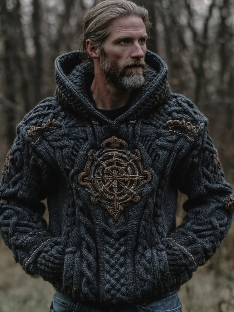 Men's Viking Compass Navy Blue Hooded Sweater