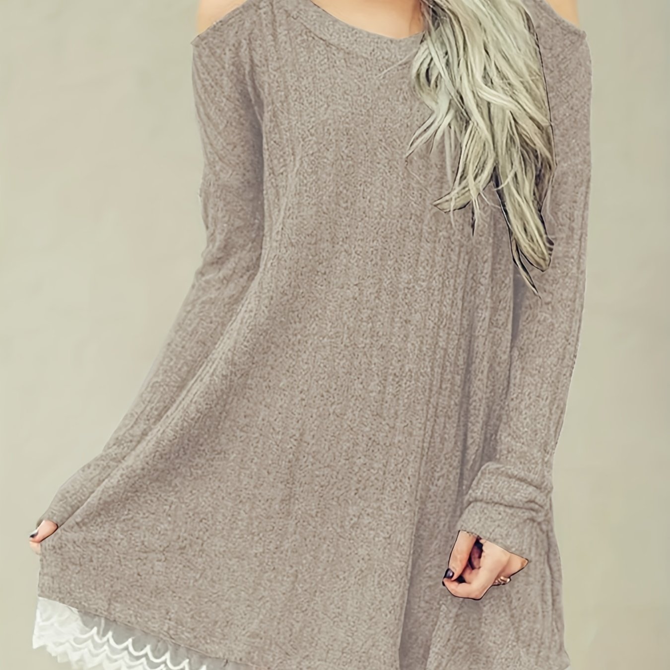 Plus Size Casual Sweater Dress, Women's Plus Colorblock Contrast Lace Cut Out Long Sleeve Round Neck Sweater Dress