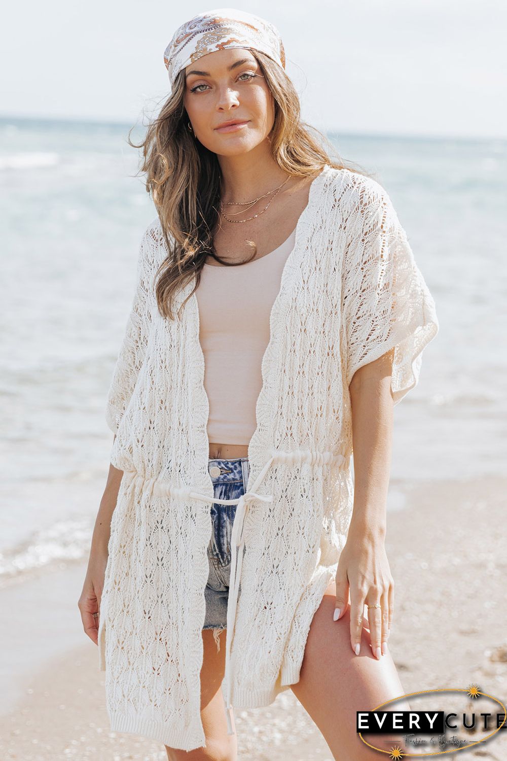 White Crochet Open Front Kimono with Slits
