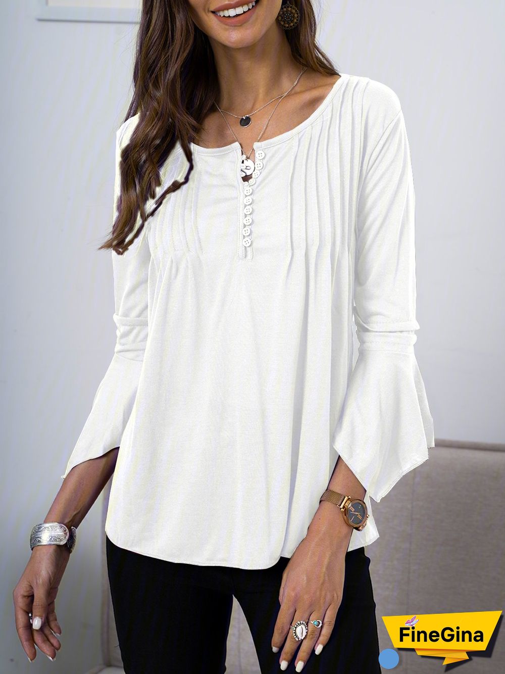 3/4 Sleeve Casual Plain Blouses & Shirts