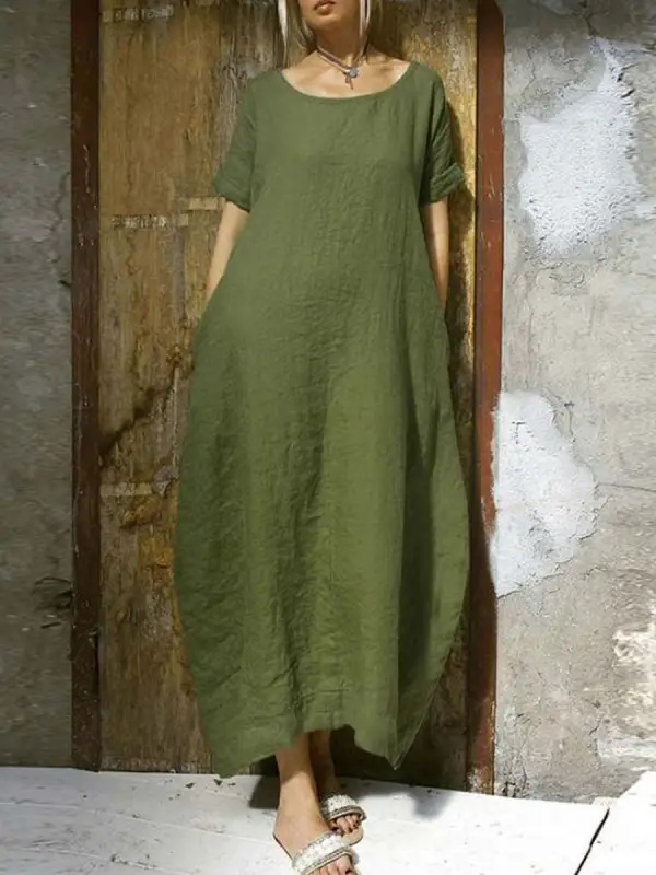 Cotton and Linen Loose Solid Color round Neck Short Sleeves Split Dress