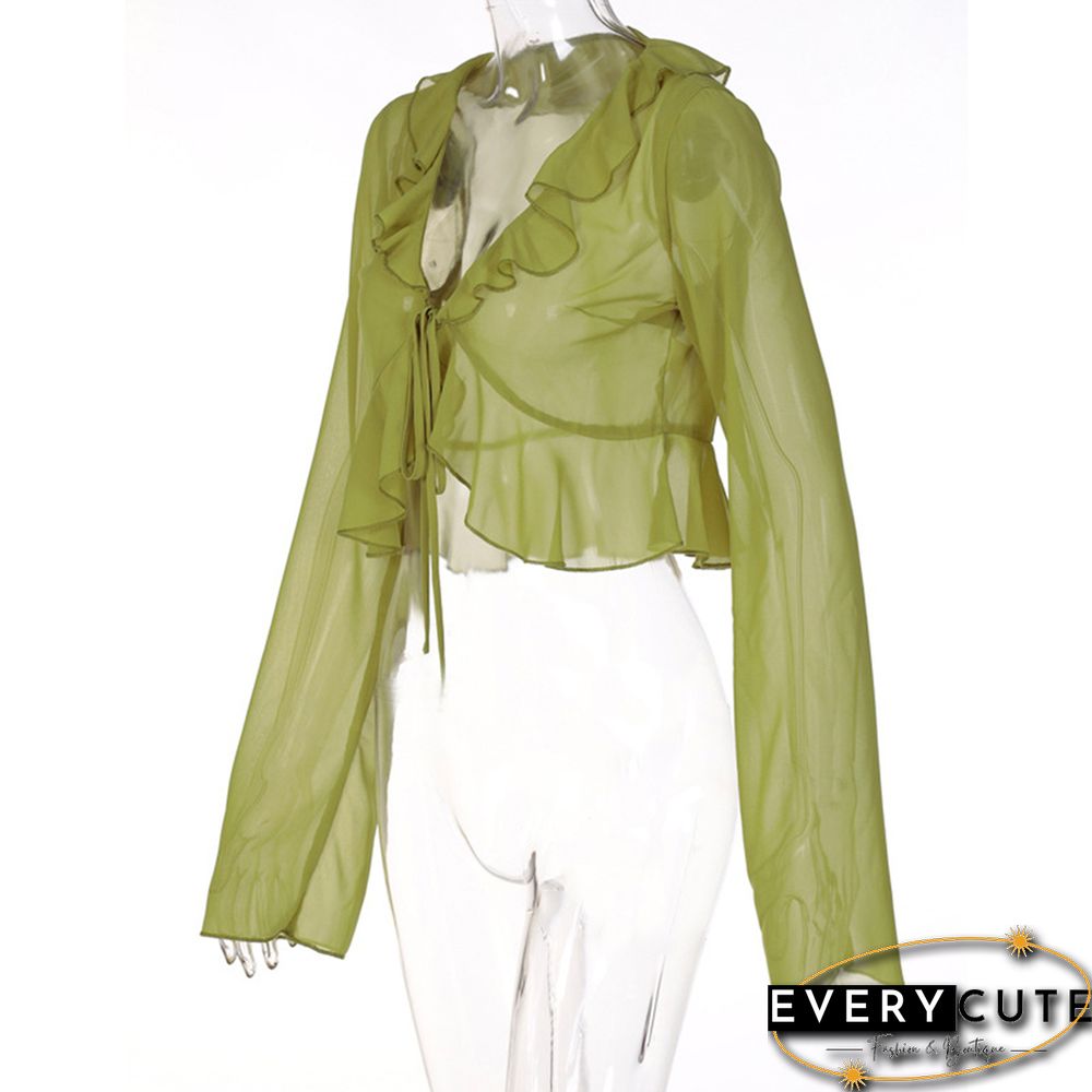 Green Ruffle V Neck Lace-up Long Sleeve Crop Tops