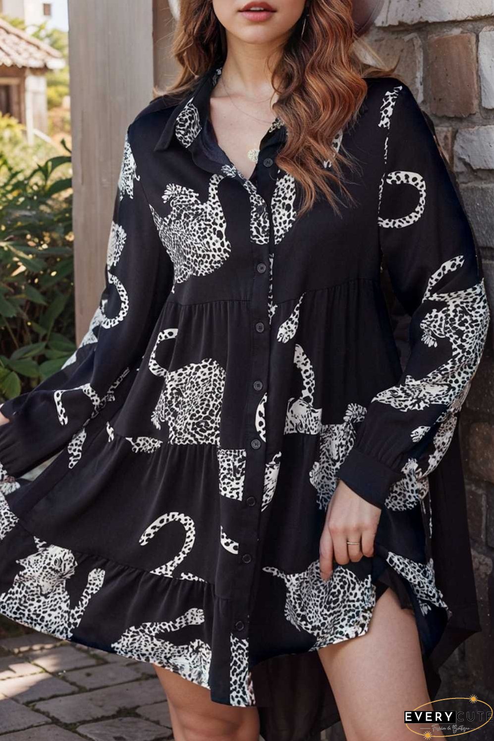 leopard print collared button up shirt dress with ruffled sleeves