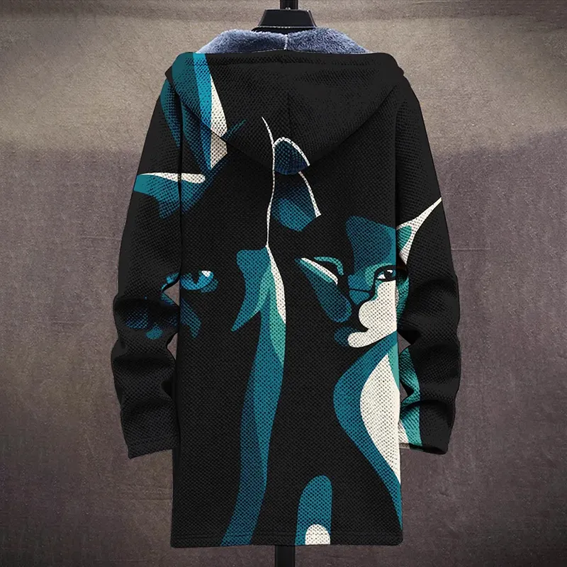 Men's Art Cat Fashion Gradient Plush Thickened Long Sleeve Sweater Jacket Cardigan