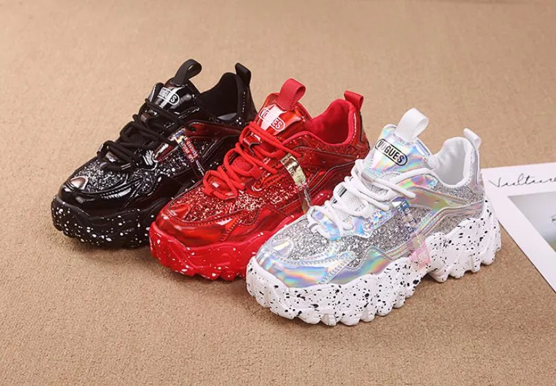 Fashion Women Shoes Dad Chunky Sneakers Women Luxury Comfortable Glossy Thick Sole Ladies Platform Wave Bottom Trainers Female