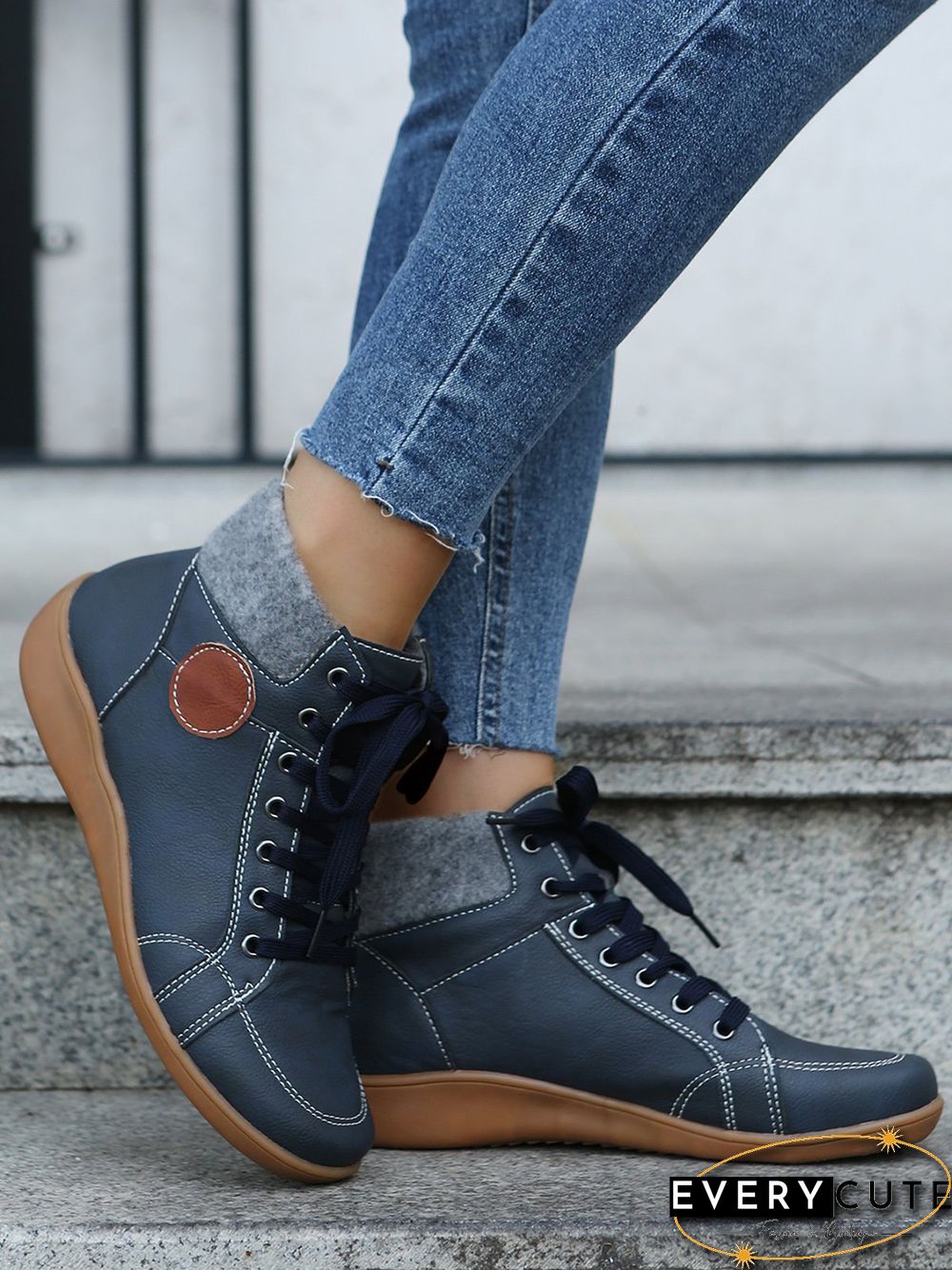 PU Leather Suede Panel Casual Short Boots