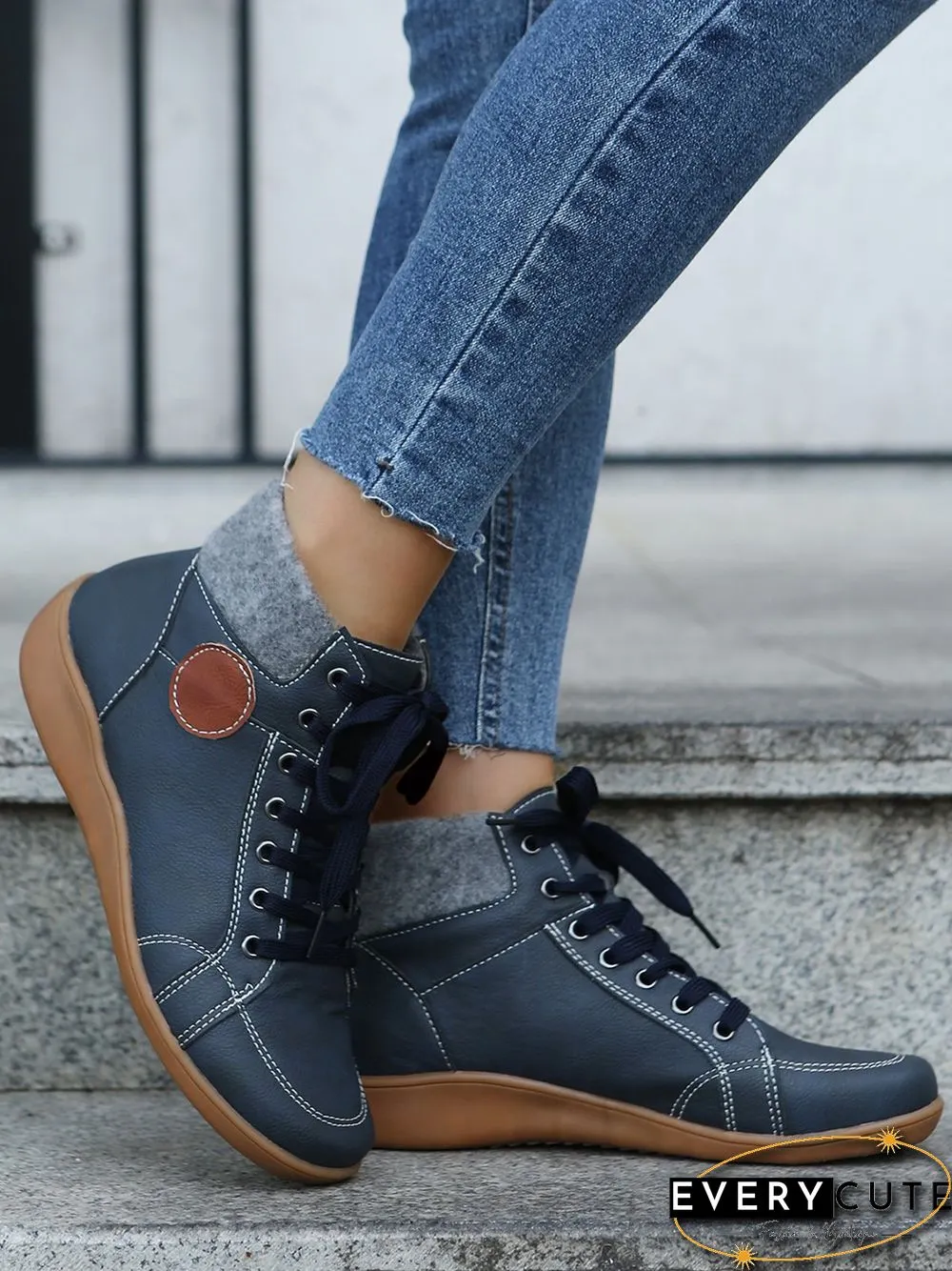 PU Leather Suede Panel Casual Short Boots