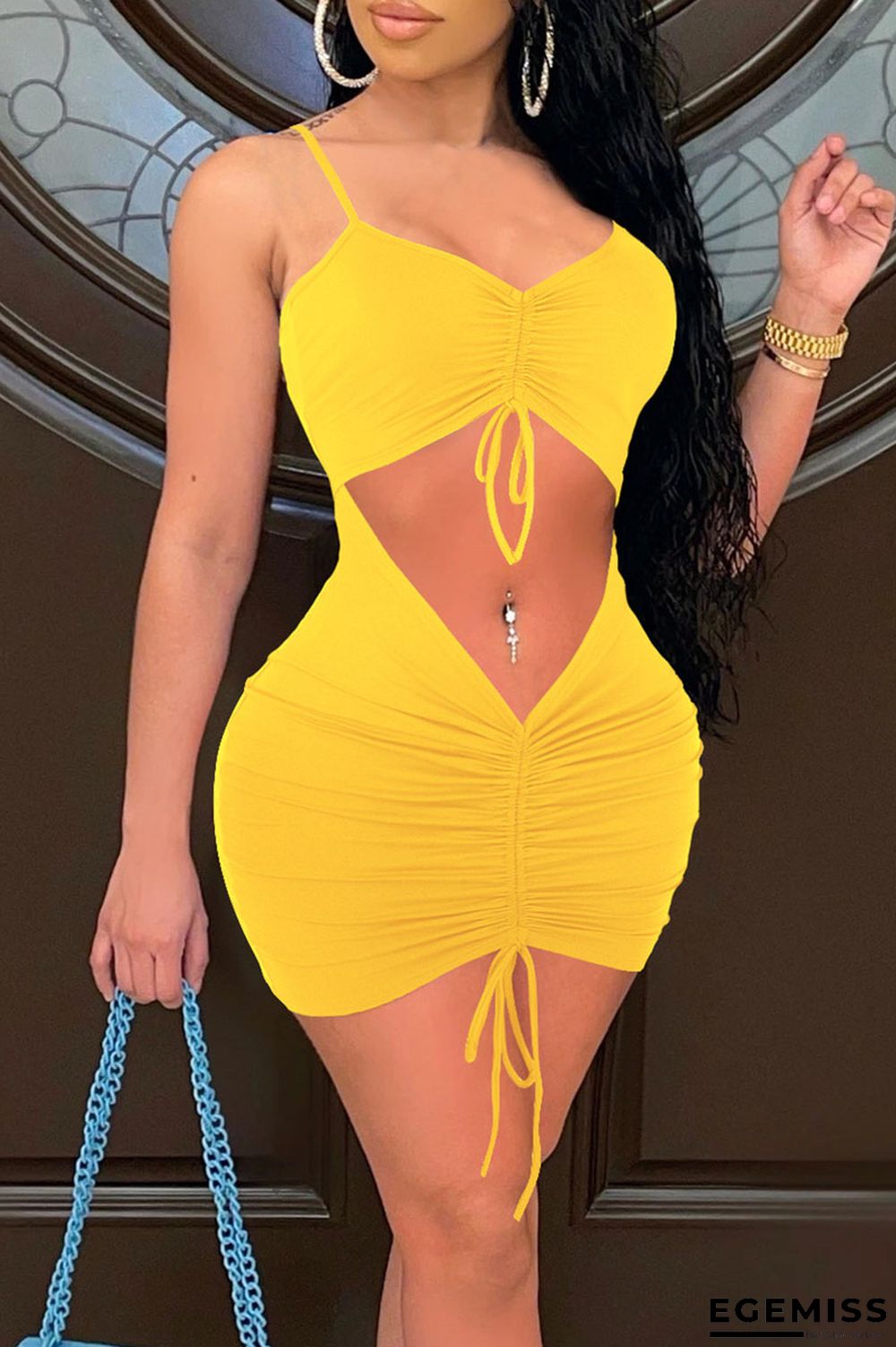 Yellow Sexy Solid Patchwork Draw String Fold Spaghetti Strap Pencil Skirt Dresses | EGEMISS