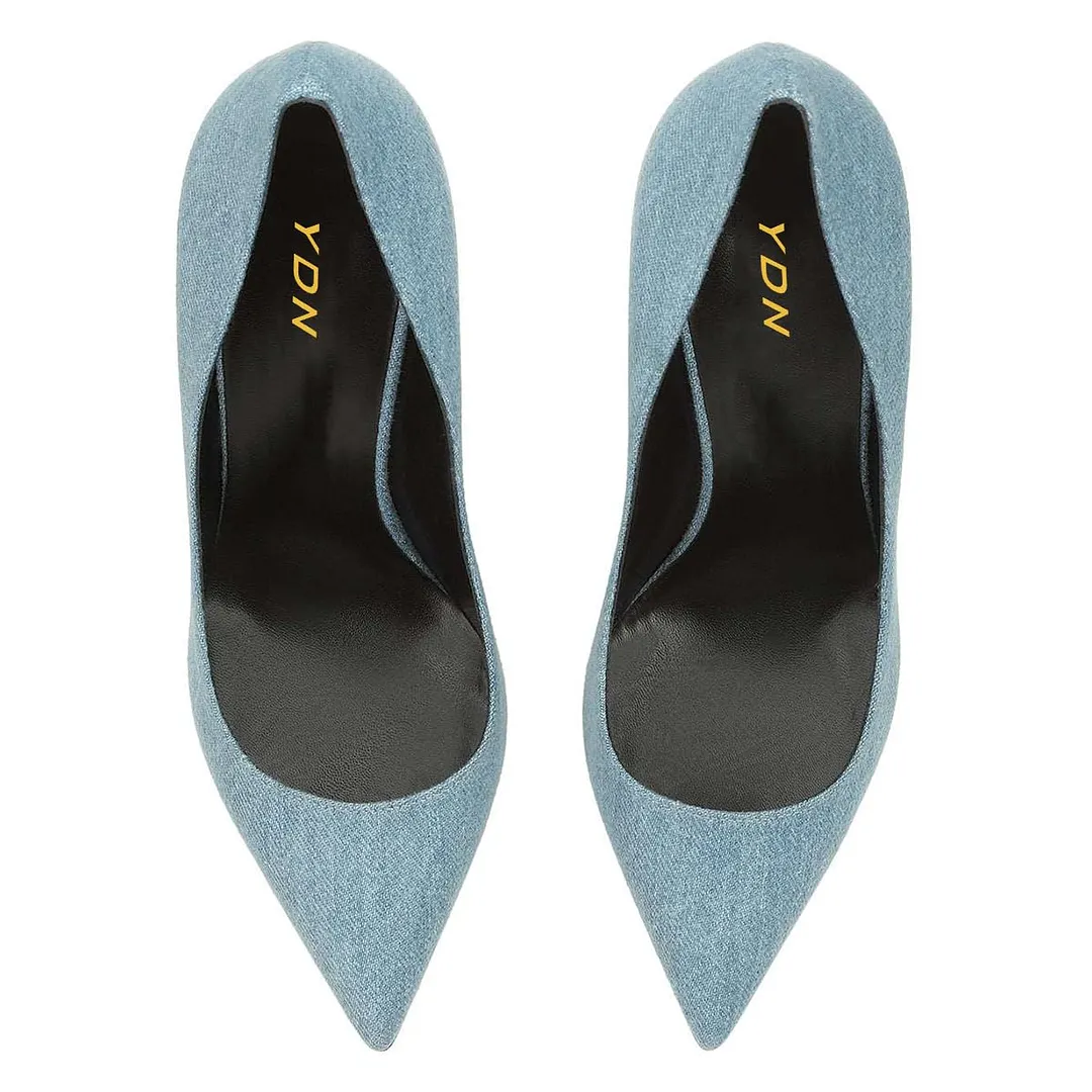 Denim Blue Pointed Rhinestone Embellished Heels for Elegant Ladies