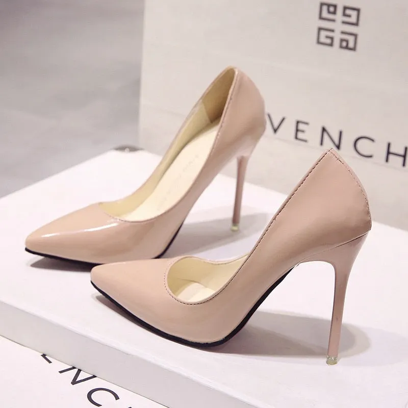 Women Shoes Pointed Toe Pumps Patent Leather Dress High Heels Boat Shoes Wedding Shoes Zapatos Mujer White Blue Red