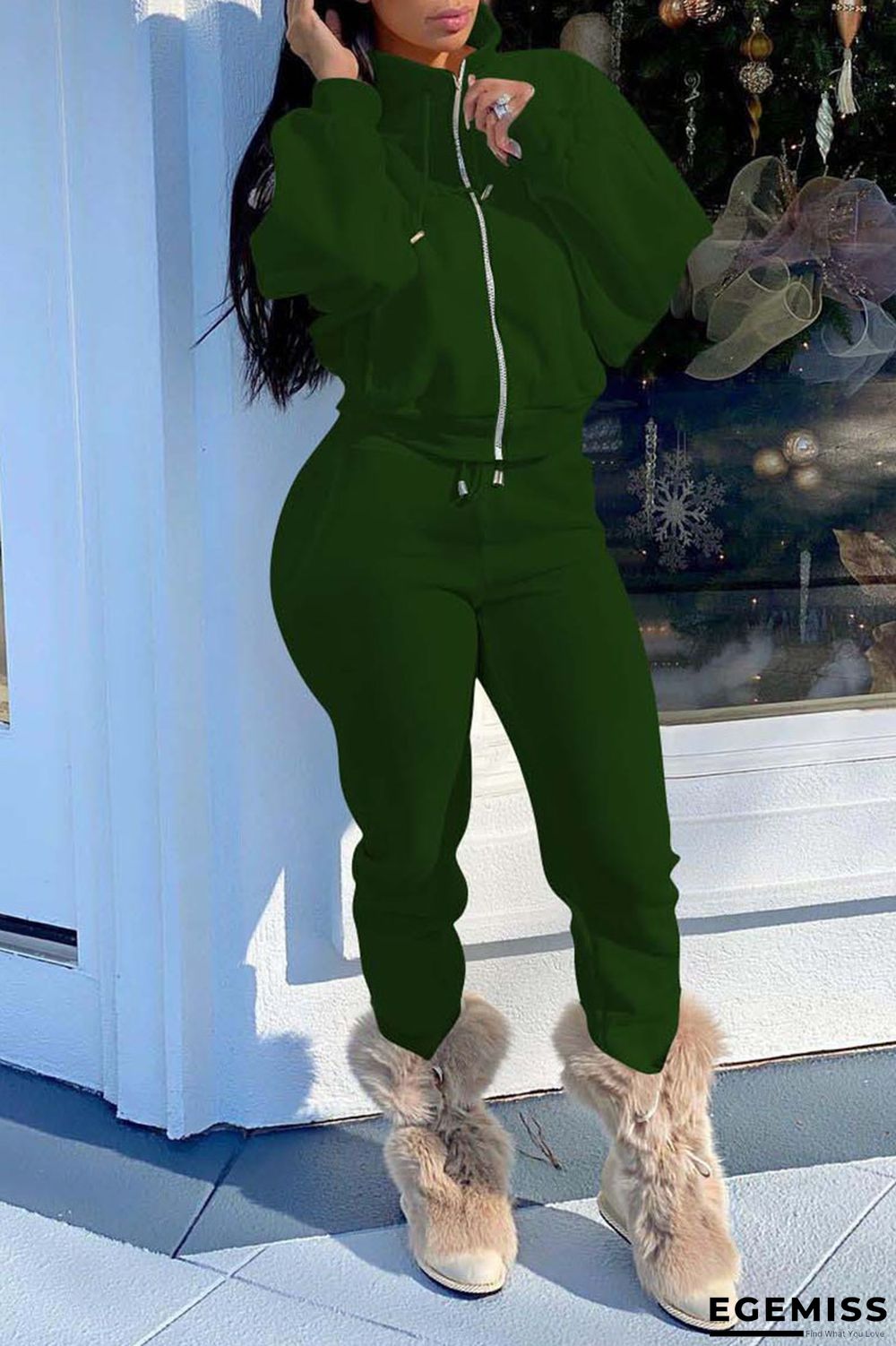 Army Green Casual Solid Patchwork Zipper Zipper Collar Long Sleeve Two Pieces | EGEMISS