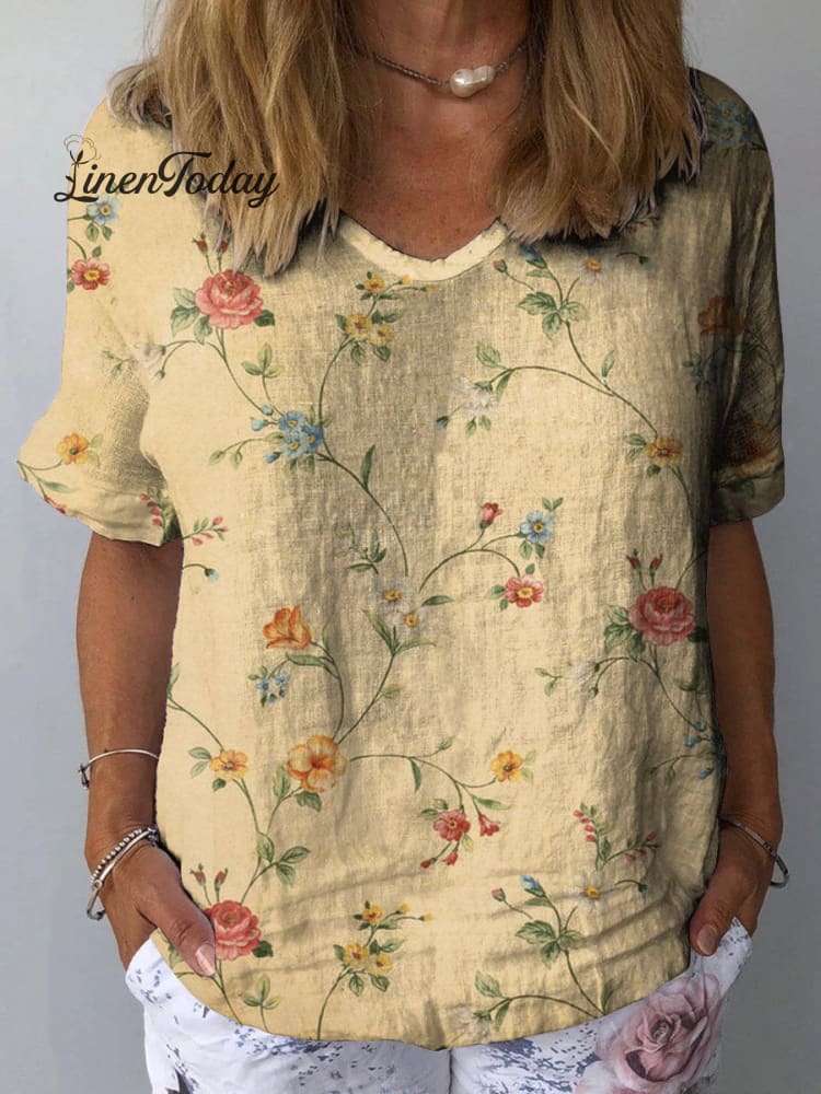 Women&rsquo;s Retro Floral Art Print Casual Cotton And Linen Shirt Multicolor / S