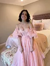 Light Pale Baby Pink Ball Gown Whimsical Lolita Prom Dress Short Puff Sleeve Sweetheart Bodice Love Heart Print Cottagecore Fairy Kawaii