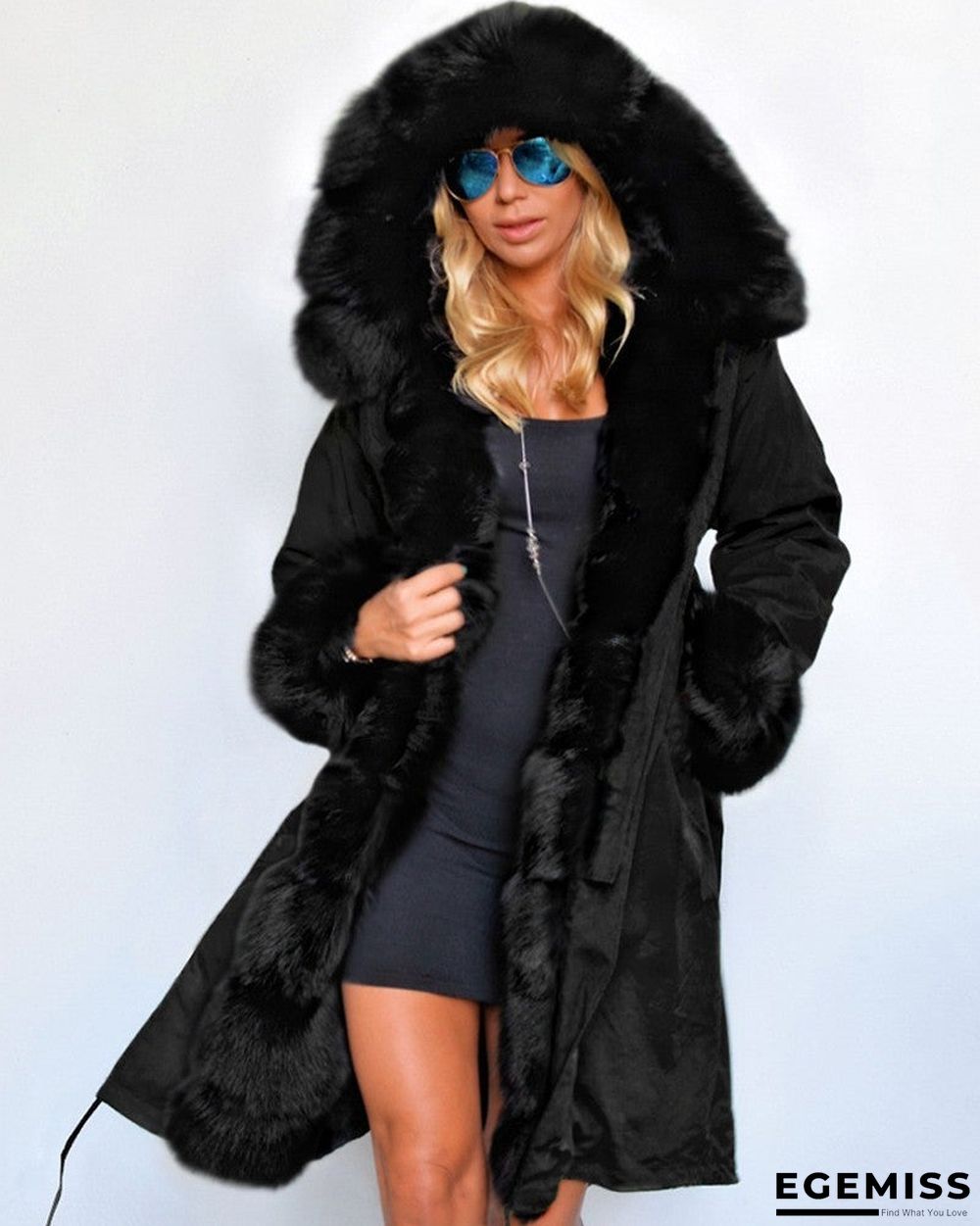 Camouflage / Plain Faux Fur Patch Hooded Parka Coat | EGEMISS