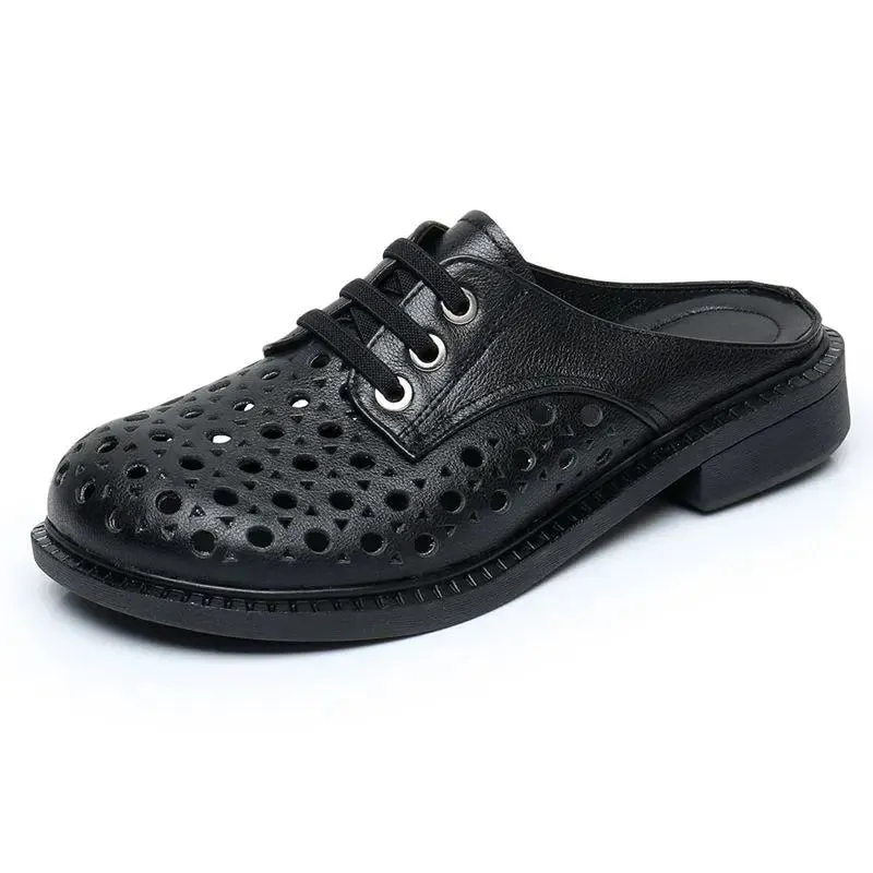 GKTINOO 2022 New Summer Round Toe Hollow Genuine Leather Slippers Casual Sandals Low Heel Shoe Slippers Women Sandals Large Size