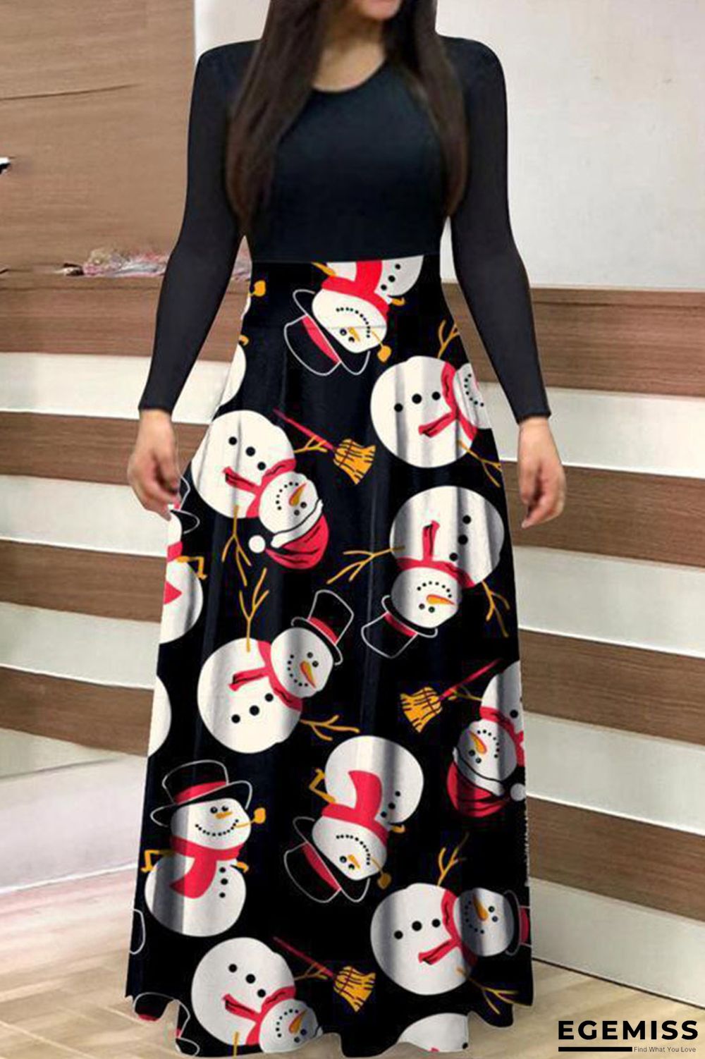 Black Casual Print Patchwork O Neck A Line Dresses | EGEMISS