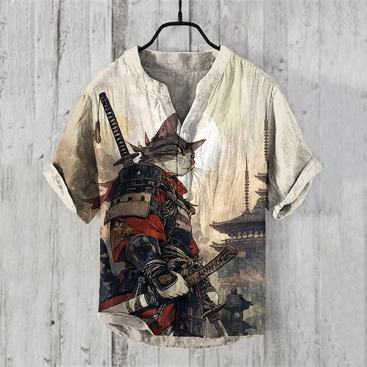 Vintage Samurai Cat Japanese Art Printing Linen Blend Shirt