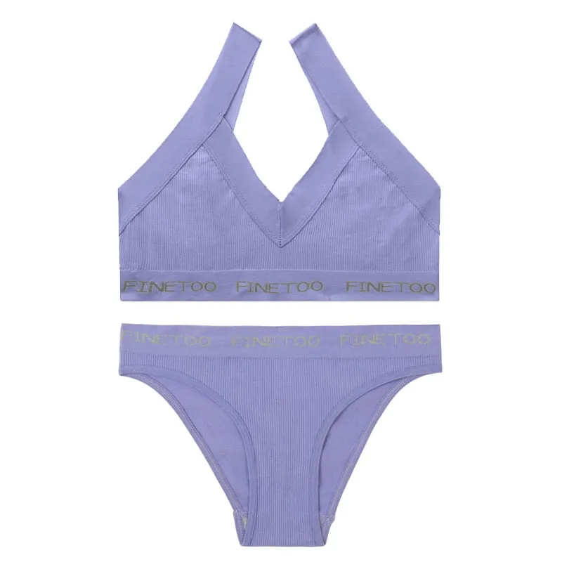 FINETOO Deep V Bra Set M-XL Women Seamless Underwear Girls Soft Tops and Letter Briefs Ladies Bras Set Comfortable Lingerie Set