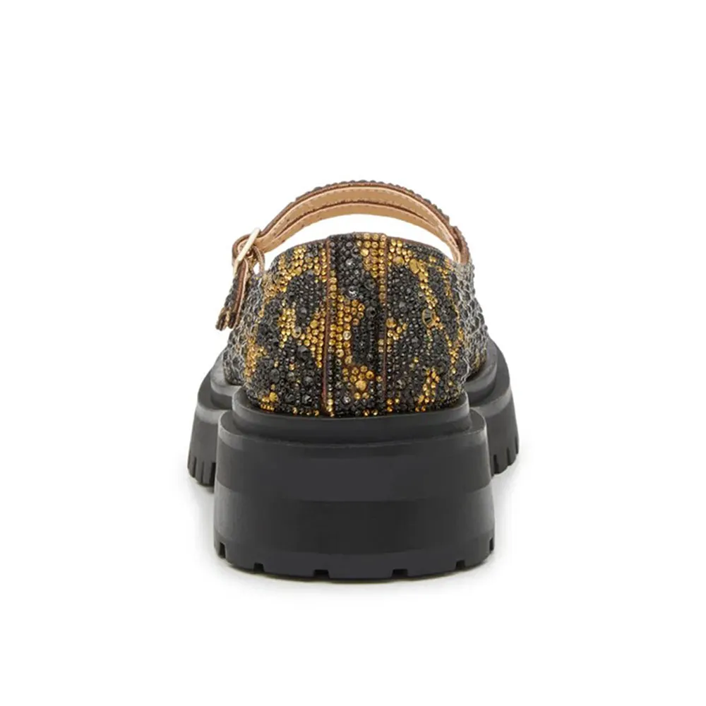 Brown & Black Round Toe Rhinestone Leopard Print Platform Mary Janes