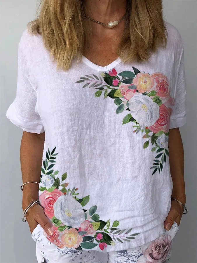 Ladies Floral Print Cotton Linen T-Shirt