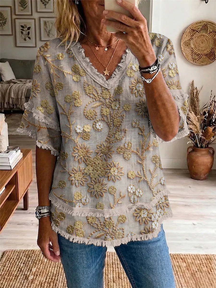 Ethnicity Flowers Texture Geometry Women's Art Casual Patchwork V ...