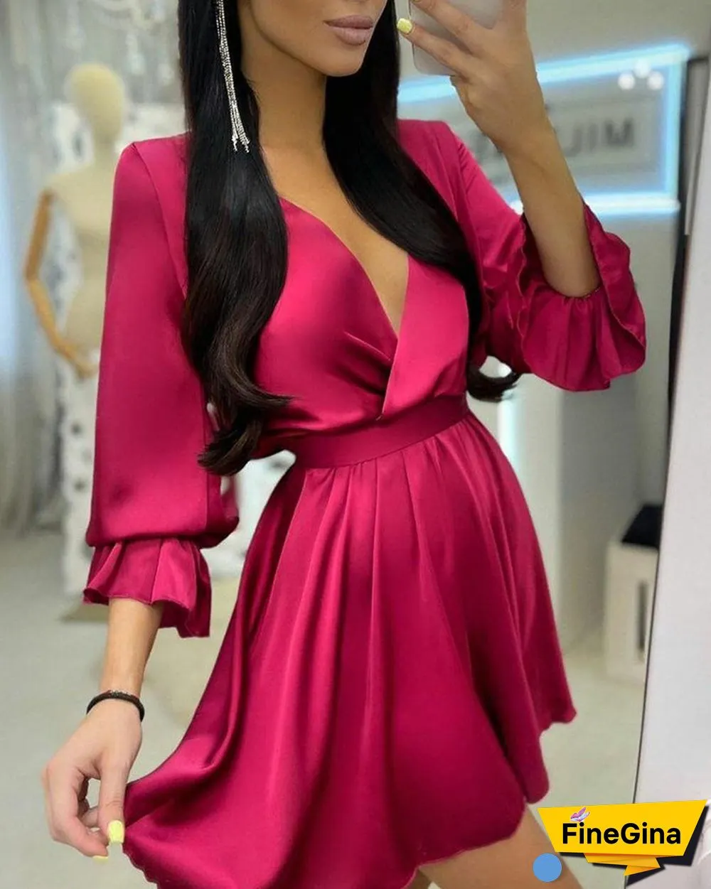 Solid Surplice Neck Tied Open Back Belted Mini Dress