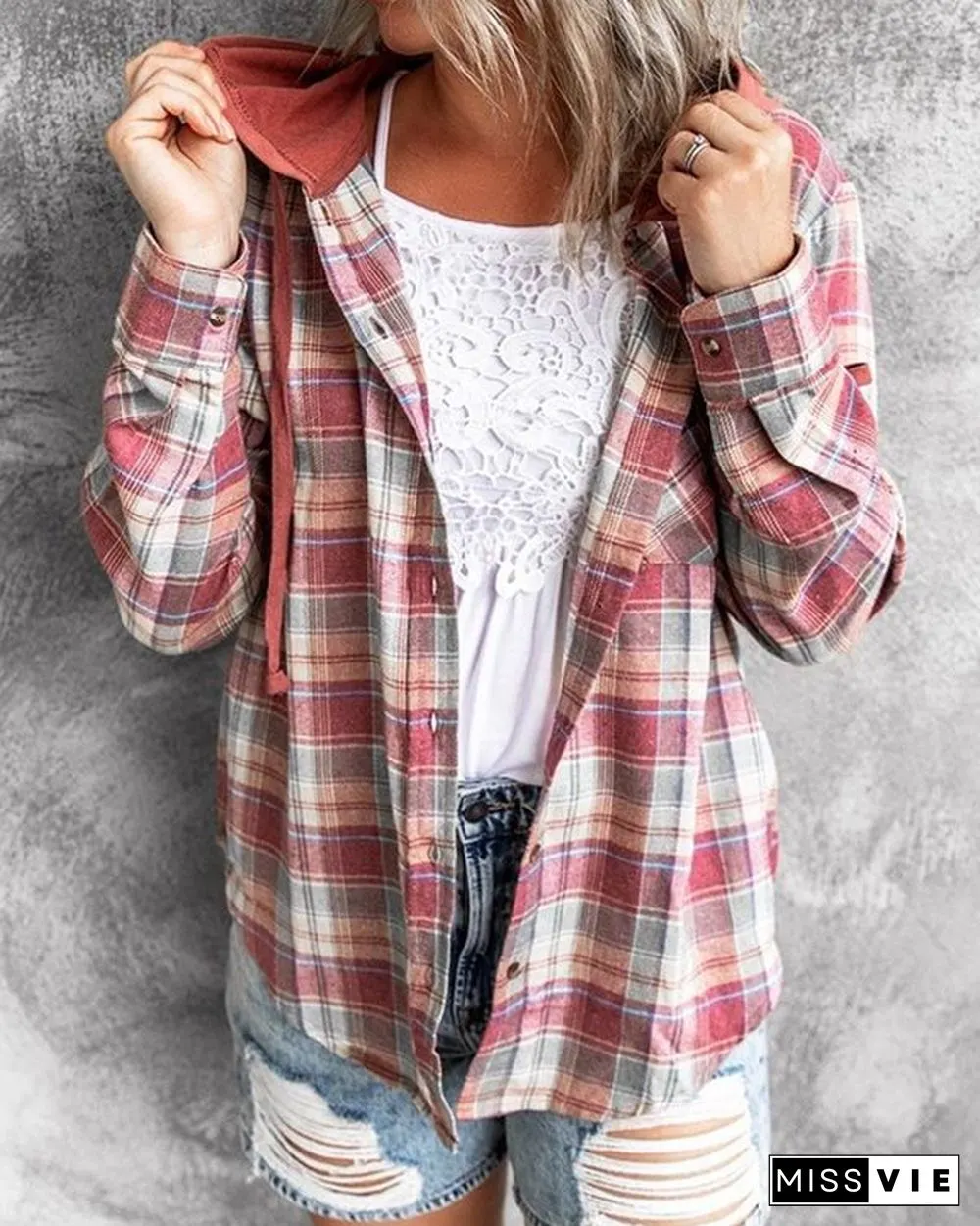 Oversizd Fit Button Up Hoodies Casual Multi Colored Hooded Flannel Shirt