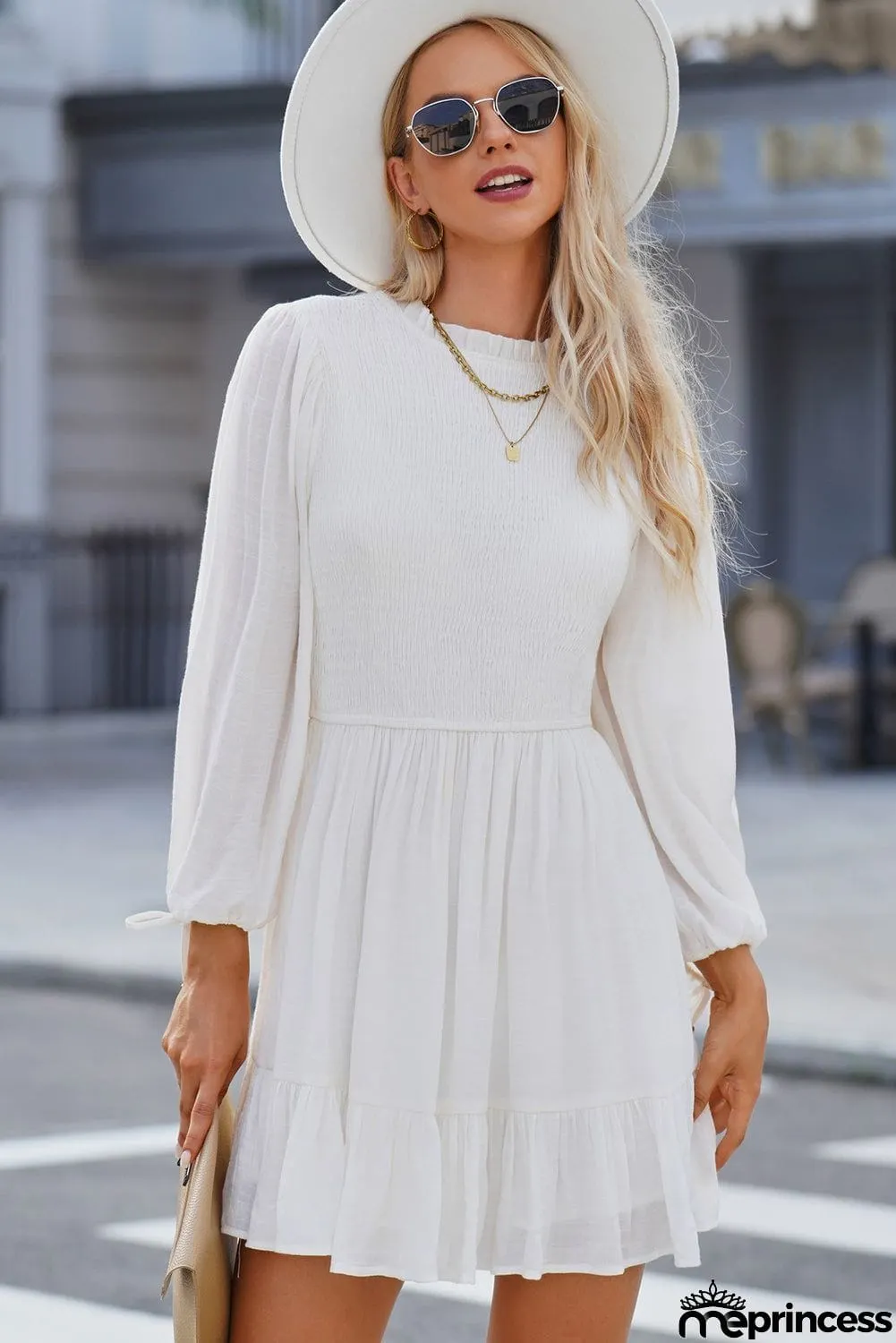 Smocked Tied Balloon Sleeve Mini Dress
