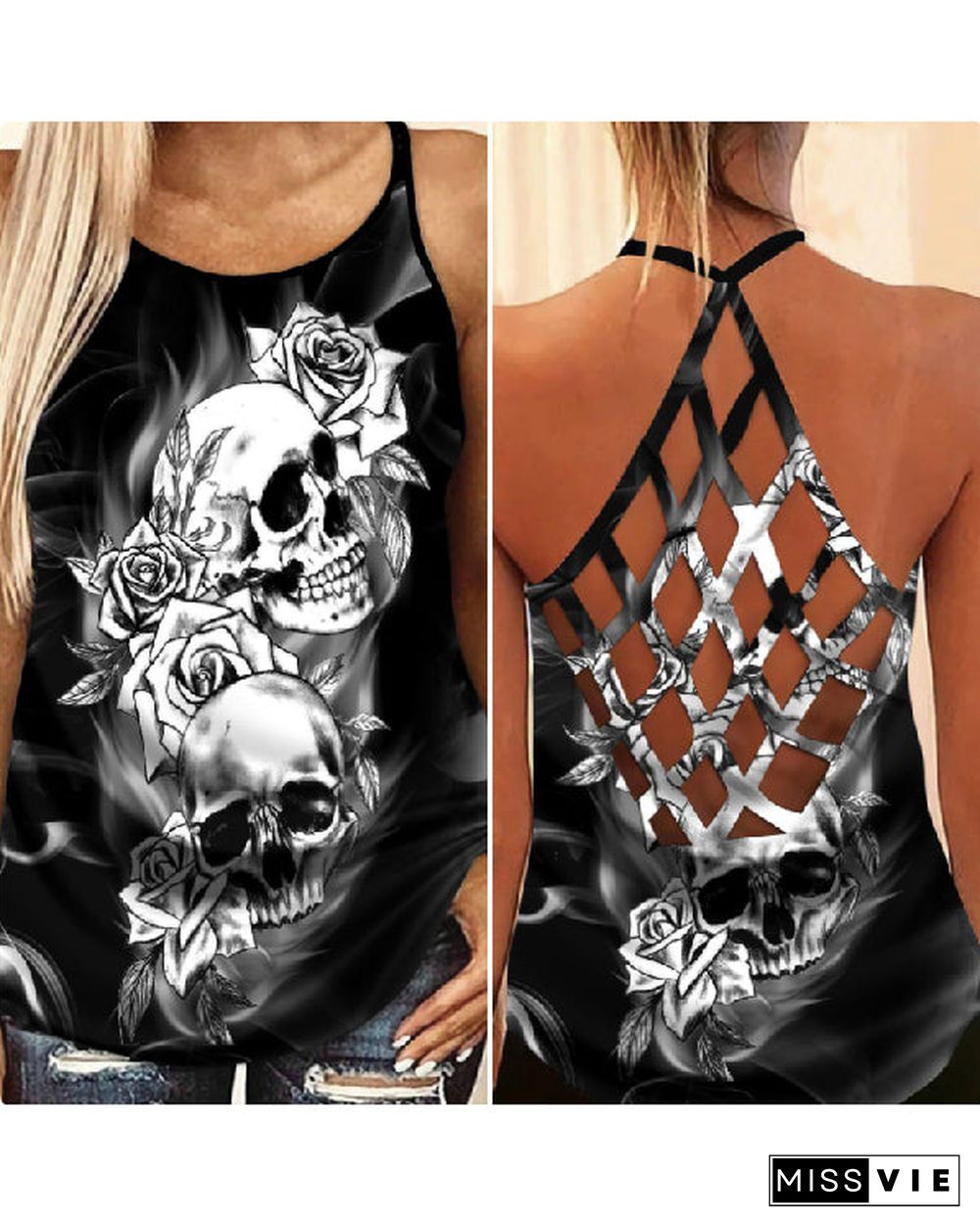 Halterneck Cross-web Punk Print Vest