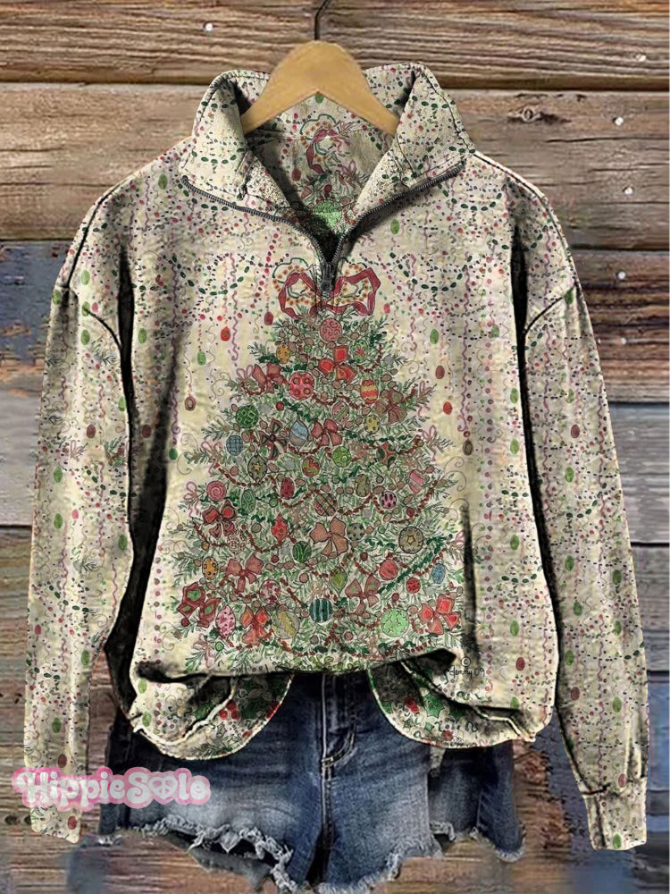 Christmas Tree Art Print Casual Long Sleeve Zip-Up Sweatshirt Multicolor / S