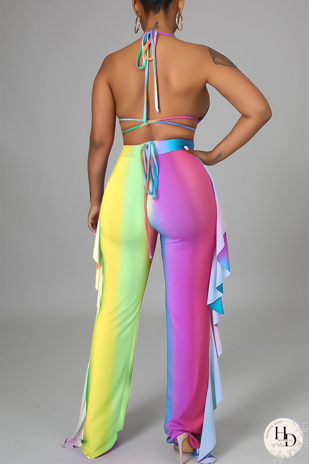 Yellow Fashion Sexy Print Backless Strap Design Halter Sleeveless Three-piece Set