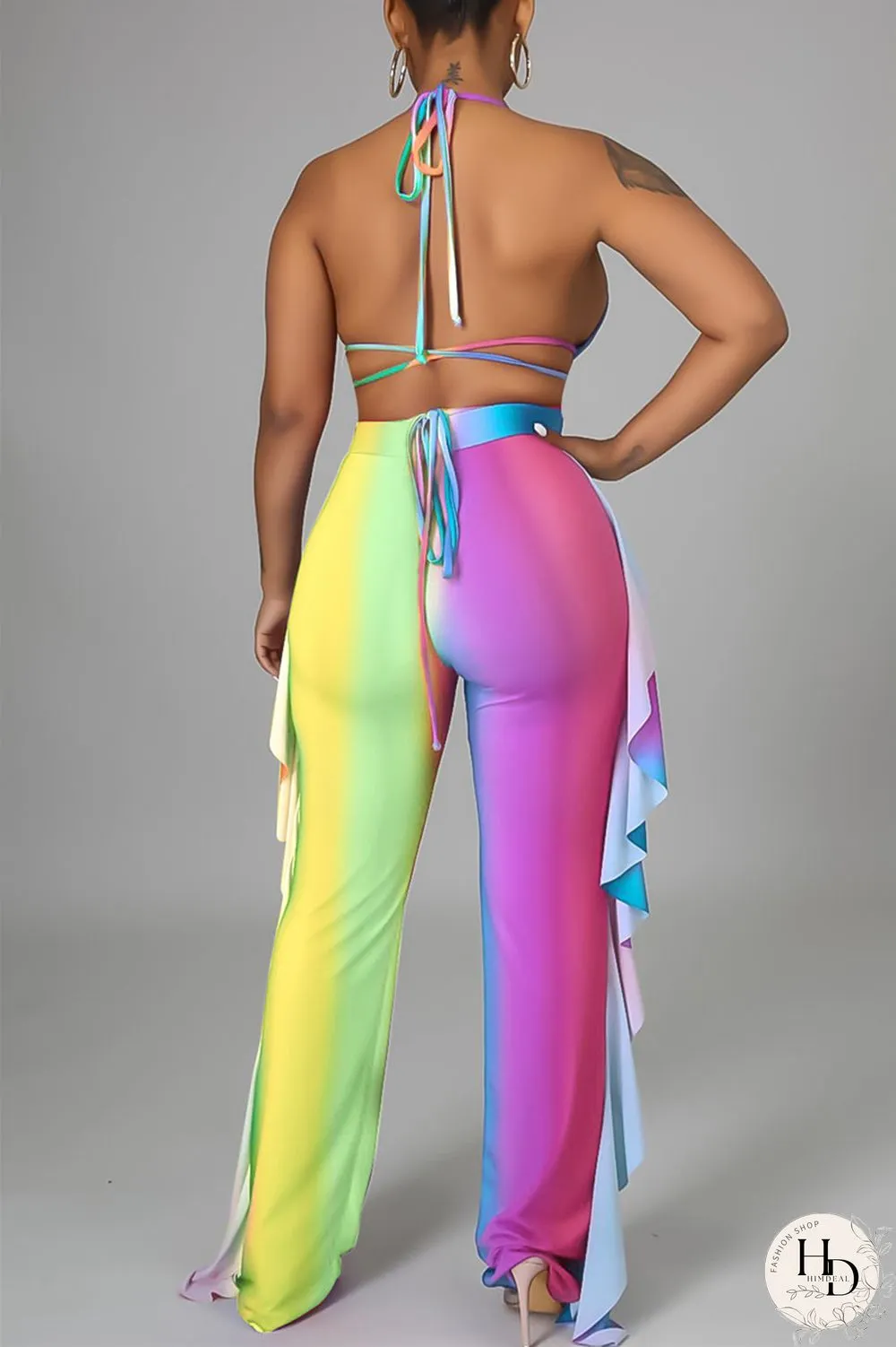 Yellow Fashion Sexy Print Backless Strap Design Halter Sleeveless Three-piece Set
