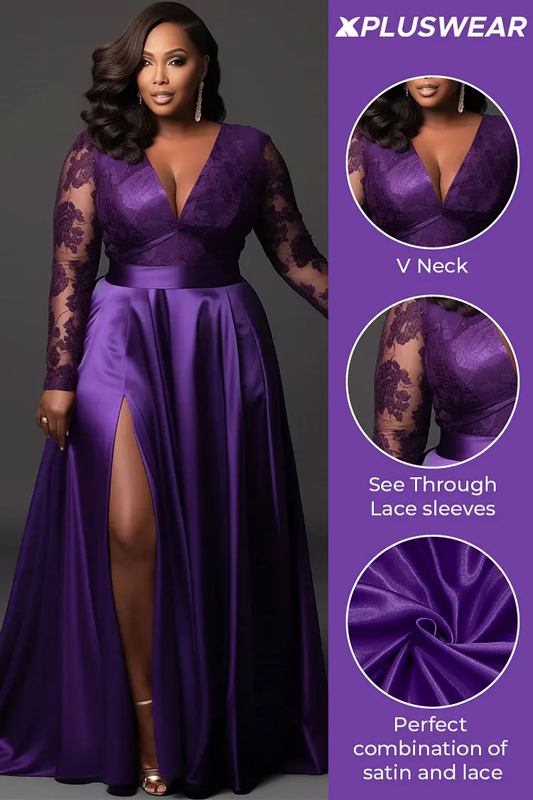 Plus Size Formal Lace Satin Purple V Neck Long Sleeve Split See Through Maxi Dresses