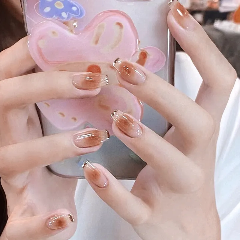 24Pcs Coffee Color With Grids Heart Designs False Nail Full Cover Fake Nails with Glue Detachable Wearable Manicure Nail Tips-Nail Inspo