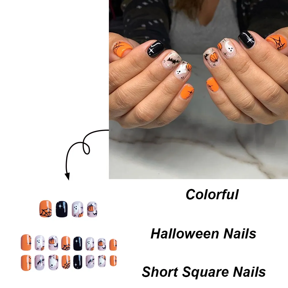 Churchf Churchf Cool Black Ghost Short Square Halloween Holiday Nail Pumpkin Ghost Fake Nail Finished Wear Nail Piece