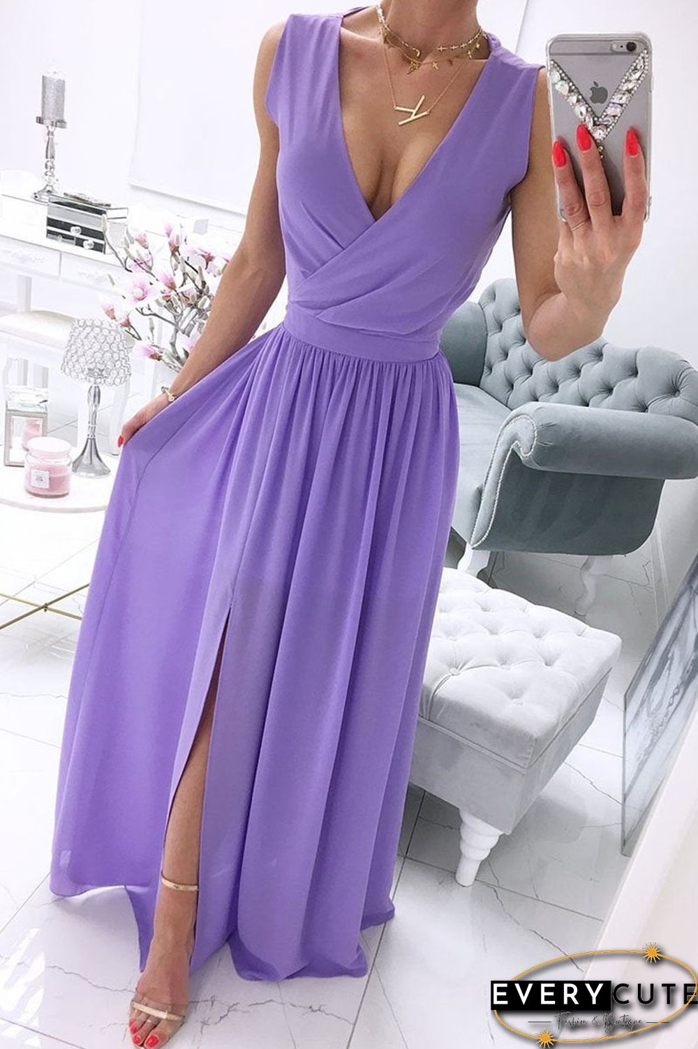 Fashion Street Solid Split Joint V Neck A Line Dresses